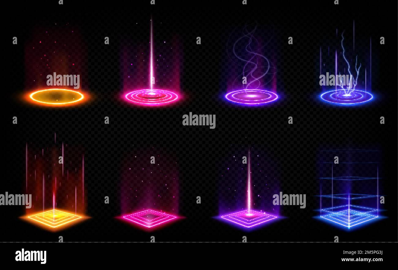 Portali digitali futuristici con bagliore al neon e effetto ologramma. Podi cerchio magico e quadrato, piattaforme teletrasportive fantasy con fasci di luce a colori e. Illustrazione Vettoriale
