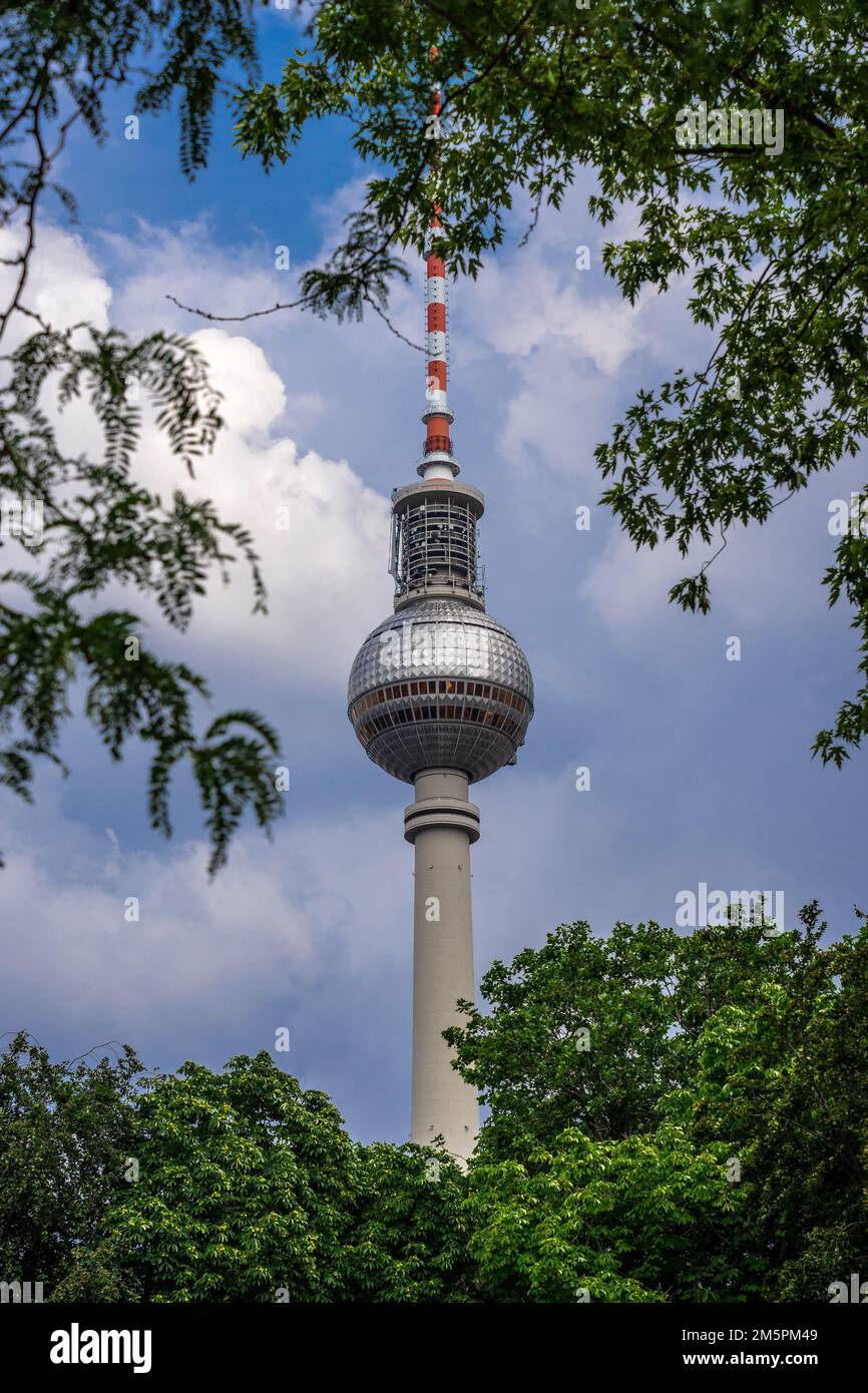 Berlino, Germania - Giugno 25 2022: La famosa torre della televisione (Fernsehturm) su Alexanderplatz, incorniciata da rami di albero verde Foto Stock