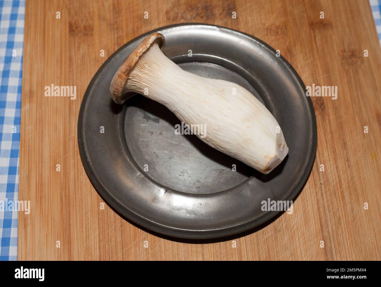 Grande fungo esotico sul tavolo da cucina piatto di peltro Foto Stock