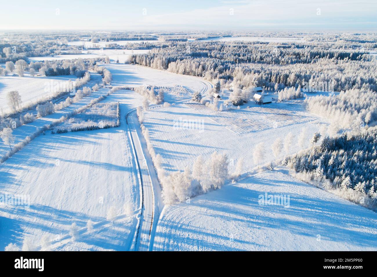 Una vista aerea di un paesaggio rurale gelido in una giornata invernale in Estonia, Nord Europa Foto Stock