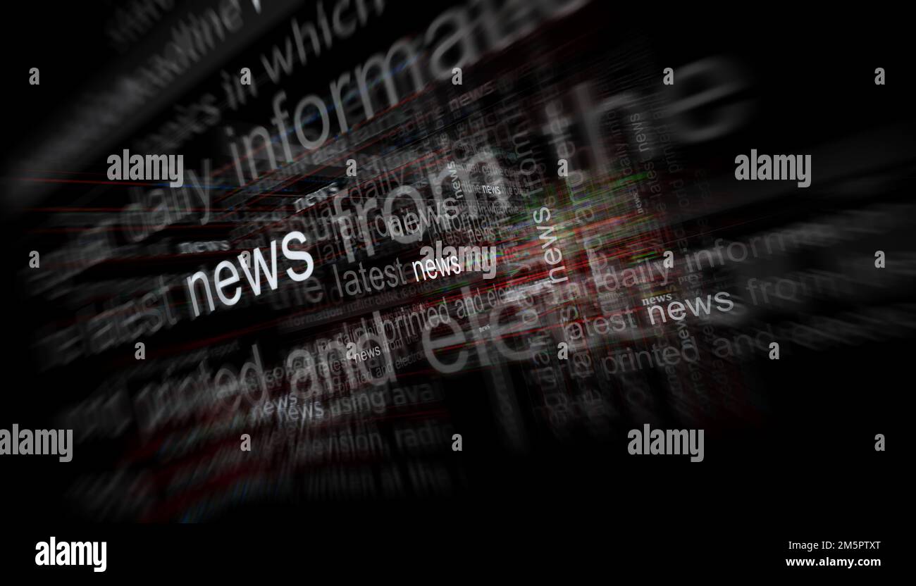 Notizie notizie notizie principali attraverso i media internazionali con sovraccarico di informazioni e ansia. Concetto astratto dei titoli di notizie sugli schermi di rumore. TV effe glitch Foto Stock