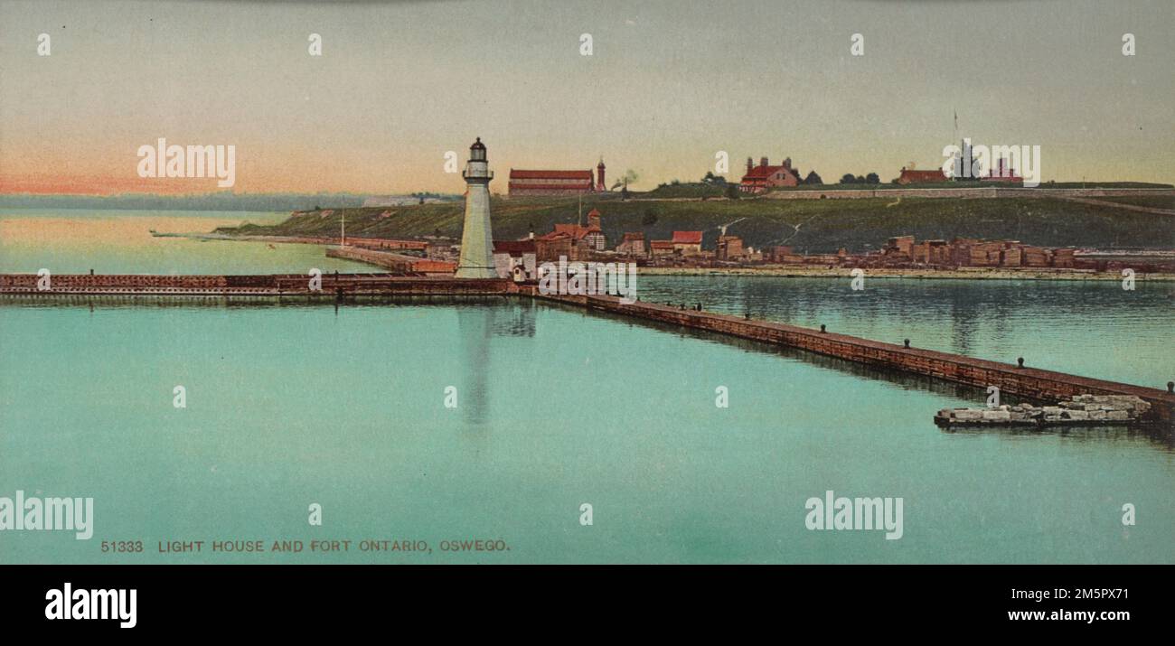 Light House e Fort Ontario, Oswego, USA c 1900 - Detroit Publishing Co - Stampa Photochrom Foto Stock