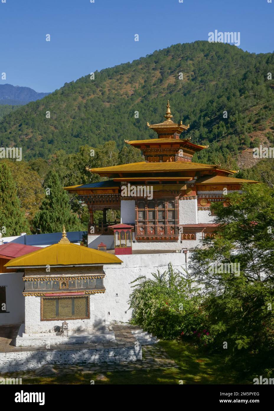 Vista panoramica verticale della residenza invernale del JE Khenpo a Punakha dzong nel Bhutan occidentale Foto Stock