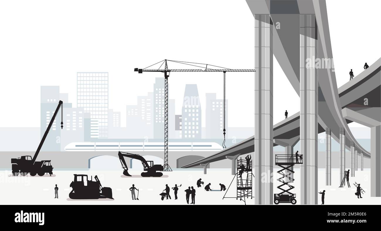 Costruzione di strade e ponti cantiere con costruttori, illustrazione Illustrazione Vettoriale