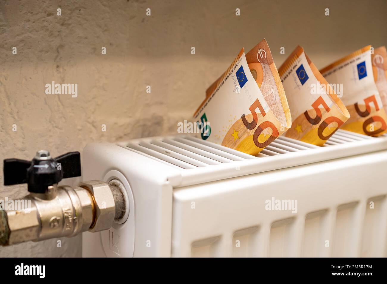 Primo piano del radiatore bianco e delle banconote da 50 euro. Concetto di riscaldamento ed elettricità costosi. Foto Stock