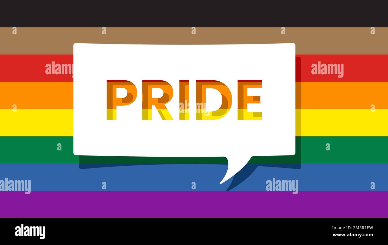 MESSAGGIO DI ORGOGLIO su carta ritagliata Speech Bubble e New Pride Rainbow Flag con strisce nere e marroni sullo sfondo. Illustrazione vettoriale Illustrazione Vettoriale