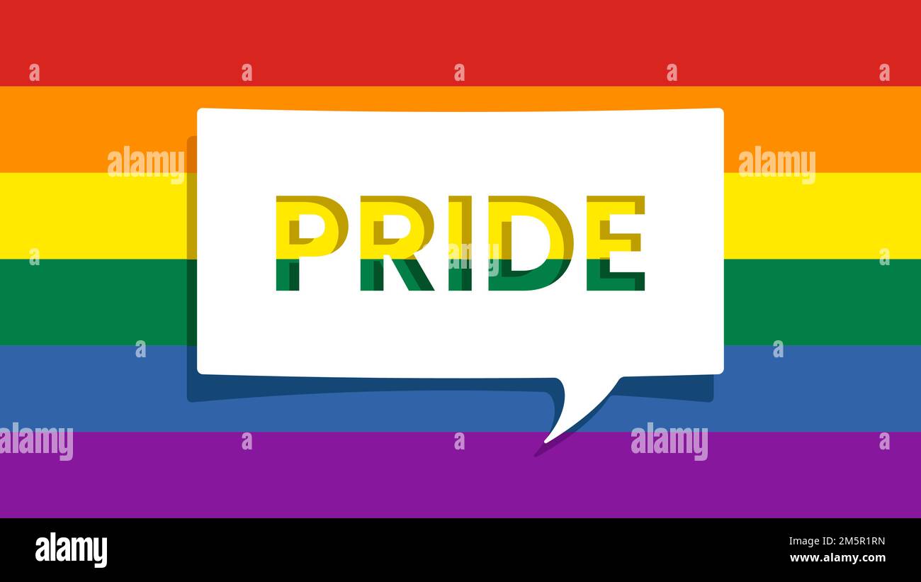 MESSAGGIO DI ORGOGLIO su carta ritagliata Speech Bubble e Pride Rainbow Flag sullo sfondo. Illustrazione vettoriale Illustrazione Vettoriale