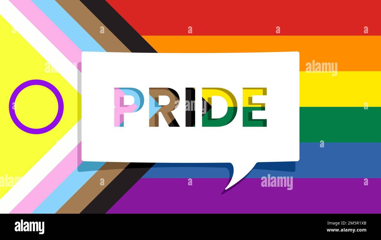 MESSAGGIO DI ORGOGLIO su carta ritagliata Speech Bubble and Progress Pride Rainbow Flag sullo sfondo. Illustrazione vettoriale Illustrazione Vettoriale