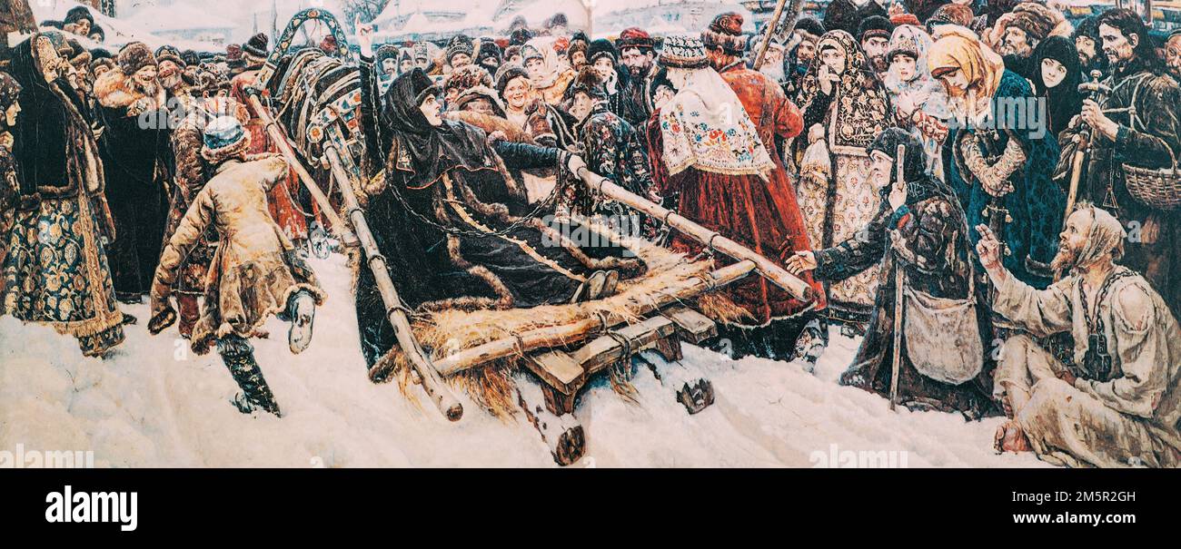 Immagina la Boyarina Morozova. Dipinto di Vasily Surikov raffigura l