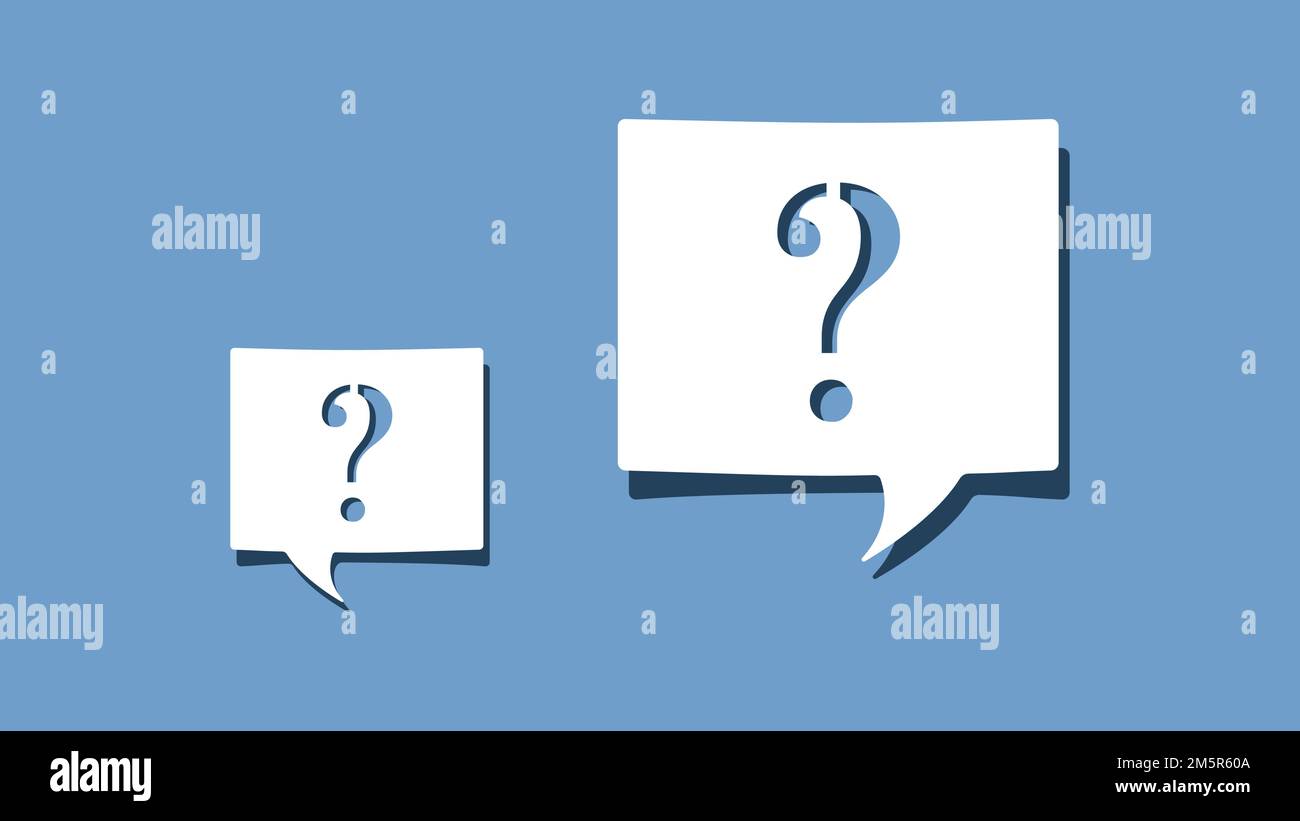 Simbolo del punto interrogativo sulla cupola del discorso di carta bianca ritagliata su sfondo blu. FAQ, informazioni, problema e concetto di soluzione. Design minimalista Vector Illustrazione Vettoriale