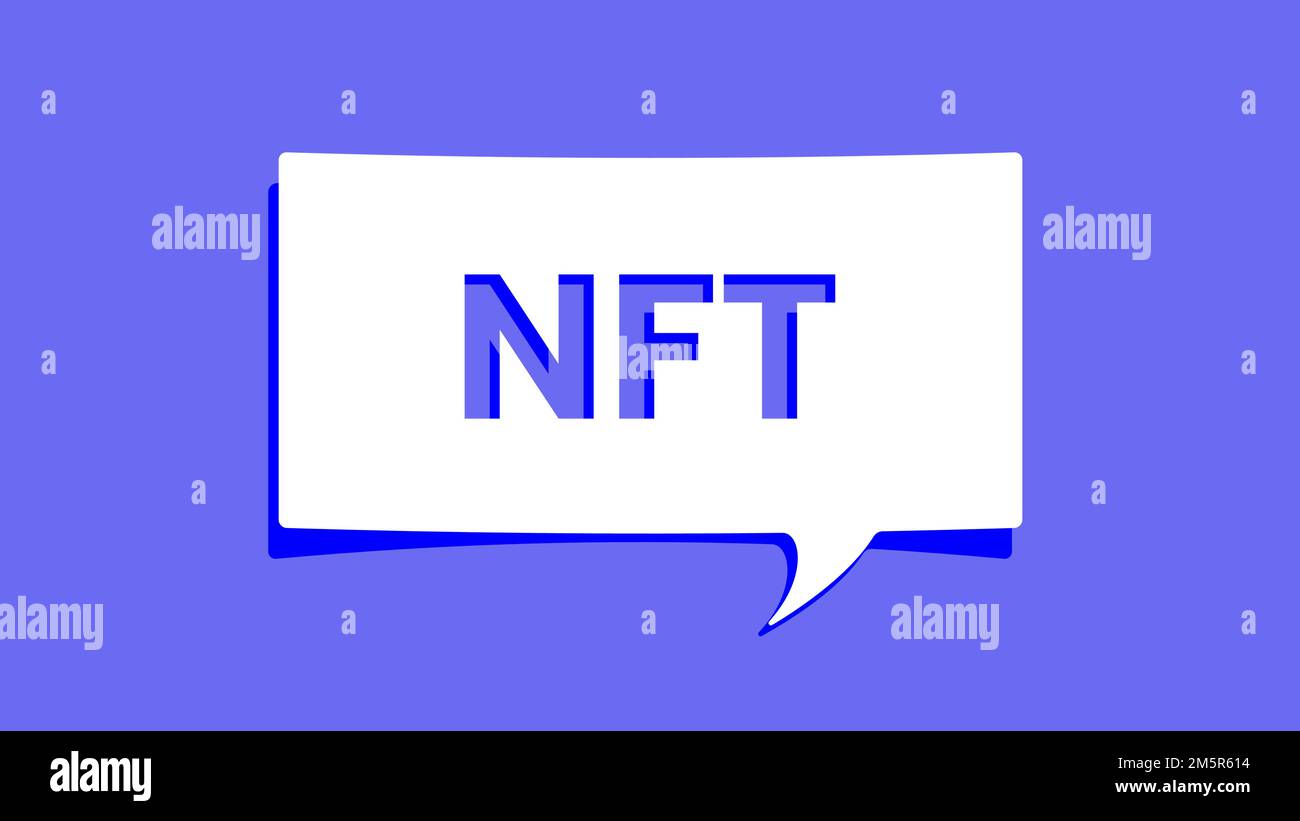 Parola NFT su cutout bolla di voce di carta bianca su sfondo blu. Design minimalista illustrazione vettoriale Illustrazione Vettoriale