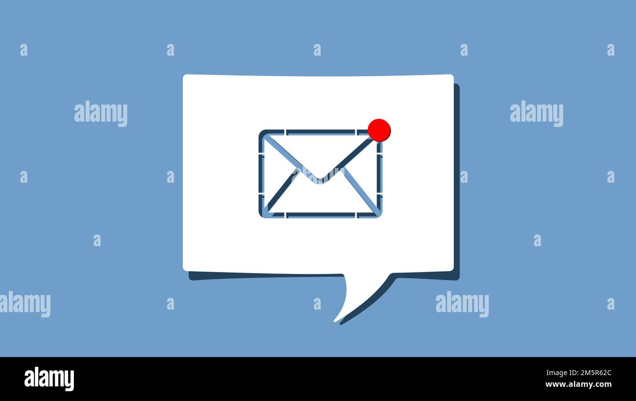 Nuovo simbolo di notifica e-mail su ritaglio bolla di riconoscimento vocale su sfondo blu. Design minimalista illustrazione vettoriale Illustrazione Vettoriale