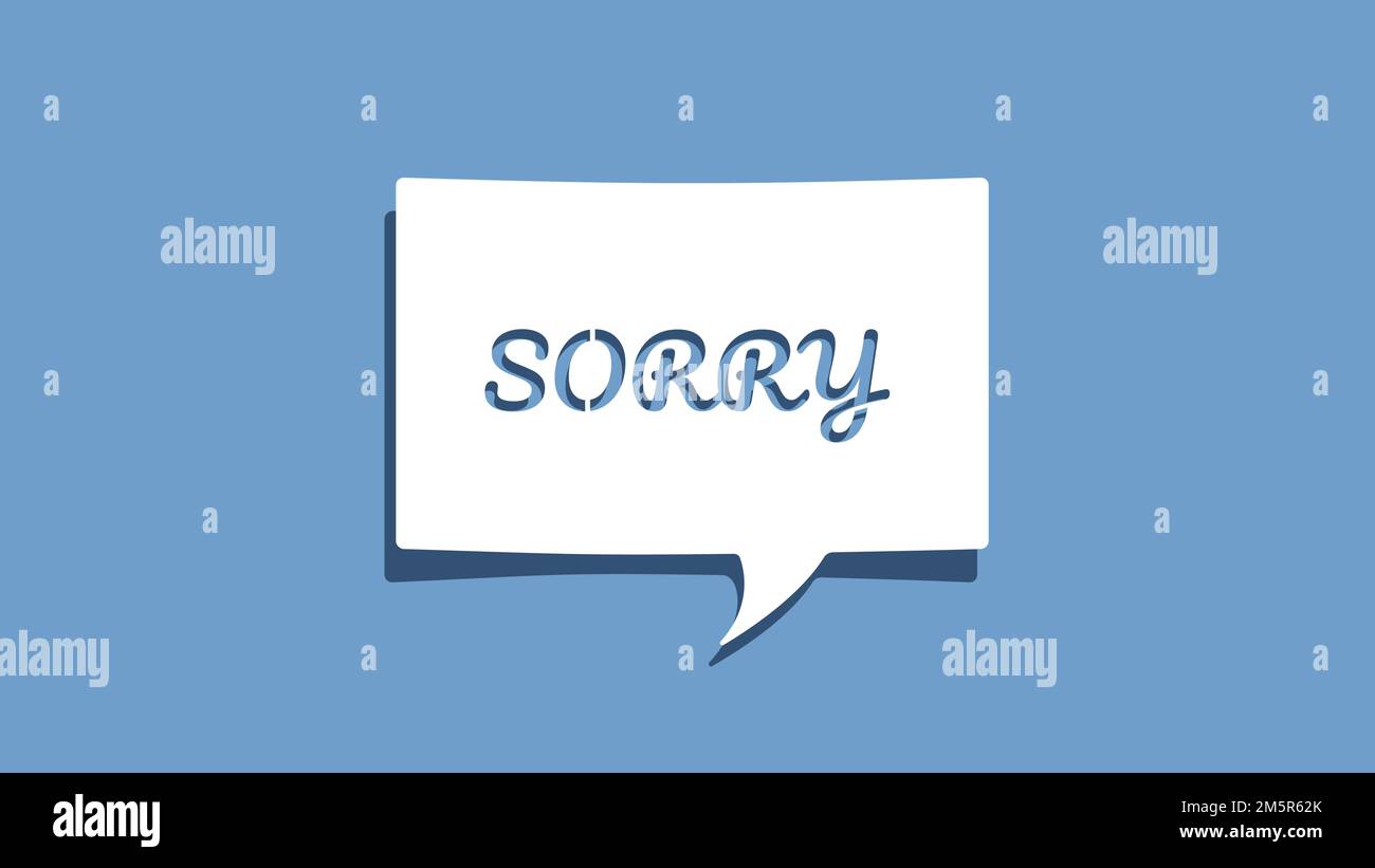 Messaggio di scusa su cutout white paper Speech Bubble su sfondo blu. Design minimalista illustrazione vettoriale Illustrazione Vettoriale