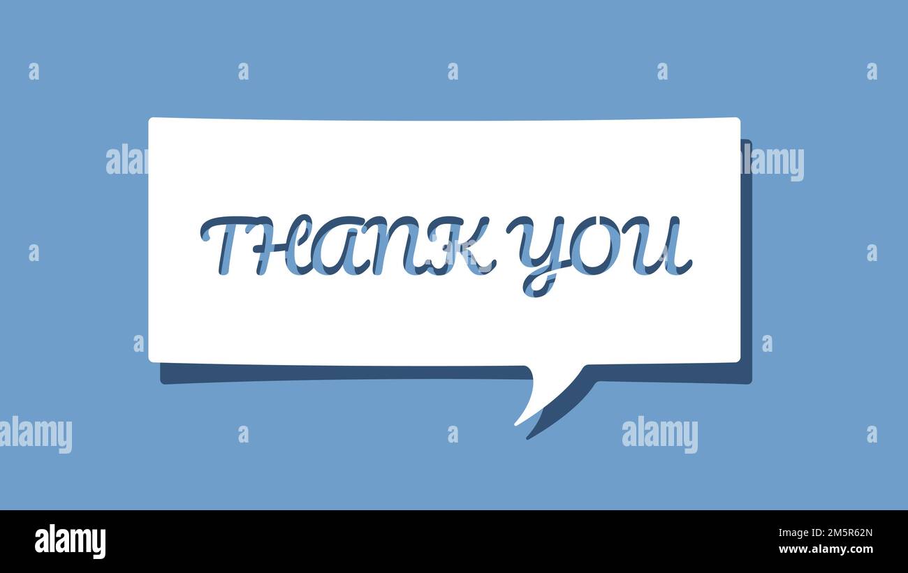 Messaggio di ringraziamento sulla bolla di discorso del white paper ritagliata su sfondo blu. Design minimalista illustrazione vettoriale Illustrazione Vettoriale