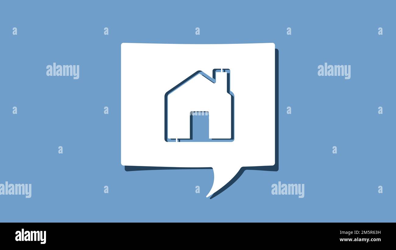 Simbolo della casa sulla cupola del discorso di carta bianca ritagliata su sfondo blu. Concetti immobiliari e abitativo. Design minimalista illustrazione vettoriale Illustrazione Vettoriale