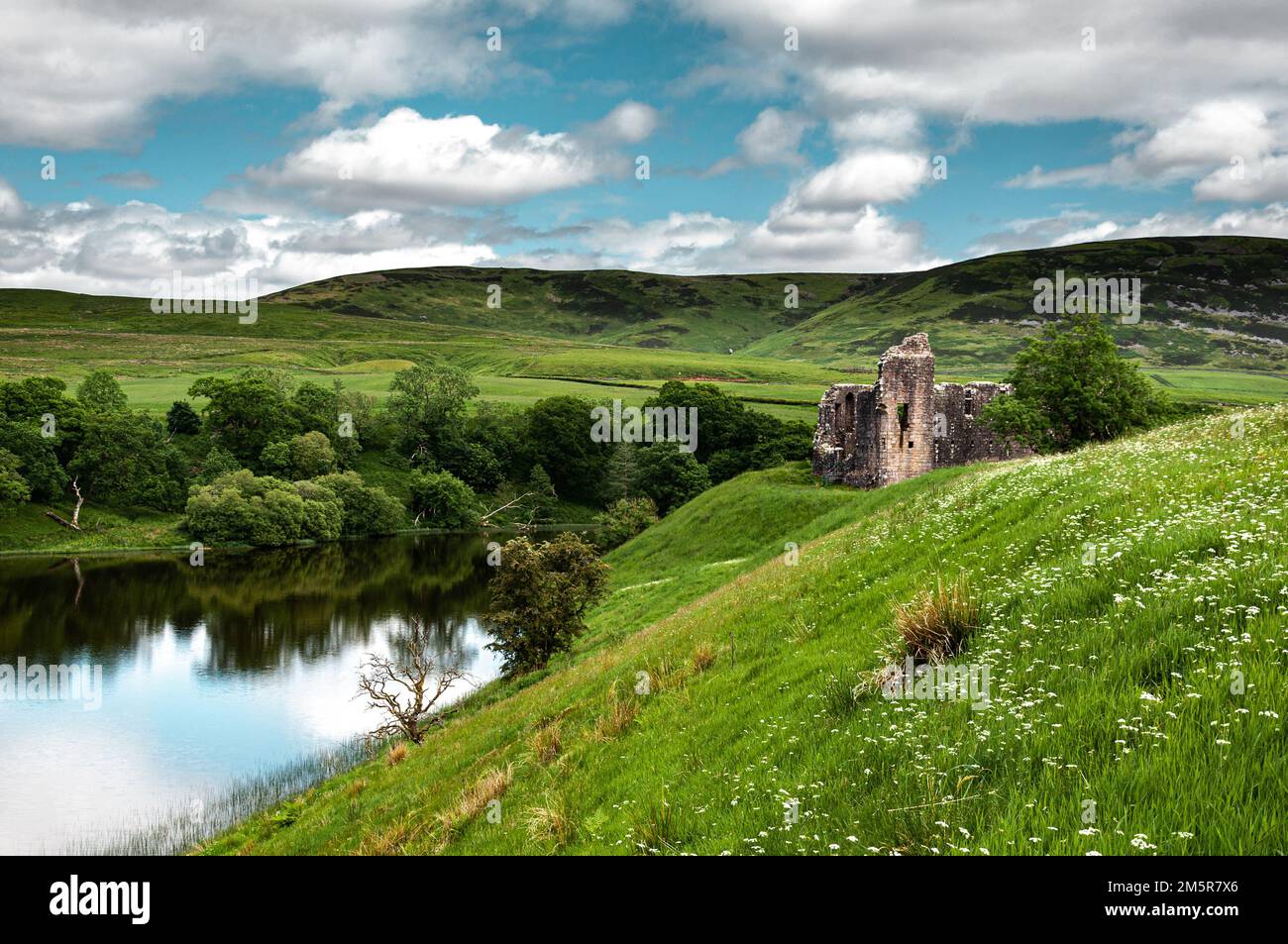 I resti dell'enigmatico Castello di Morton annidato tra le ondulate campagne di Dumfries e Galloway nel sud della Scozia Foto Stock