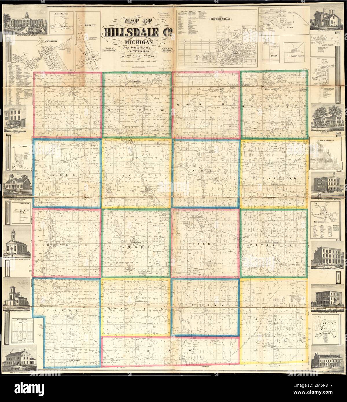 Mappa di Hillsdale Co., Michigan. Rilievo mostrato da hachures. "Iscritto secondo l'atto del Congresso nell'anno 1857 da Samuel Geil nell'Ufficio dei Clerks della Corte Distrettuale del Distretto Orientale della Pennsylvania." Include la tabella delle distanze e le directory aziendali per la maggior parte delle città, con 12 vignette intorno ai margini. Mappe accessorie: Mosca -- Jonesville -- Amboy Center -- Hillsdale -- Osceo -- Ransom -- Camden Center -- Allen's Prairie -- Reading -- Litchfield -- Mosherville -- Ransom Centre -- Gambleville -- Pittsford. Copia BPL assemblata, sezionato in 4 e montato su panno.... , Michigan , Hillsdale Foto Stock