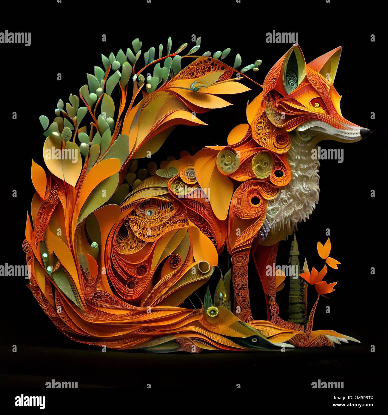 Una volpe che si nasconde in cespugli come l'arte della cimatura della carta Generato digitalmente Foto Stock