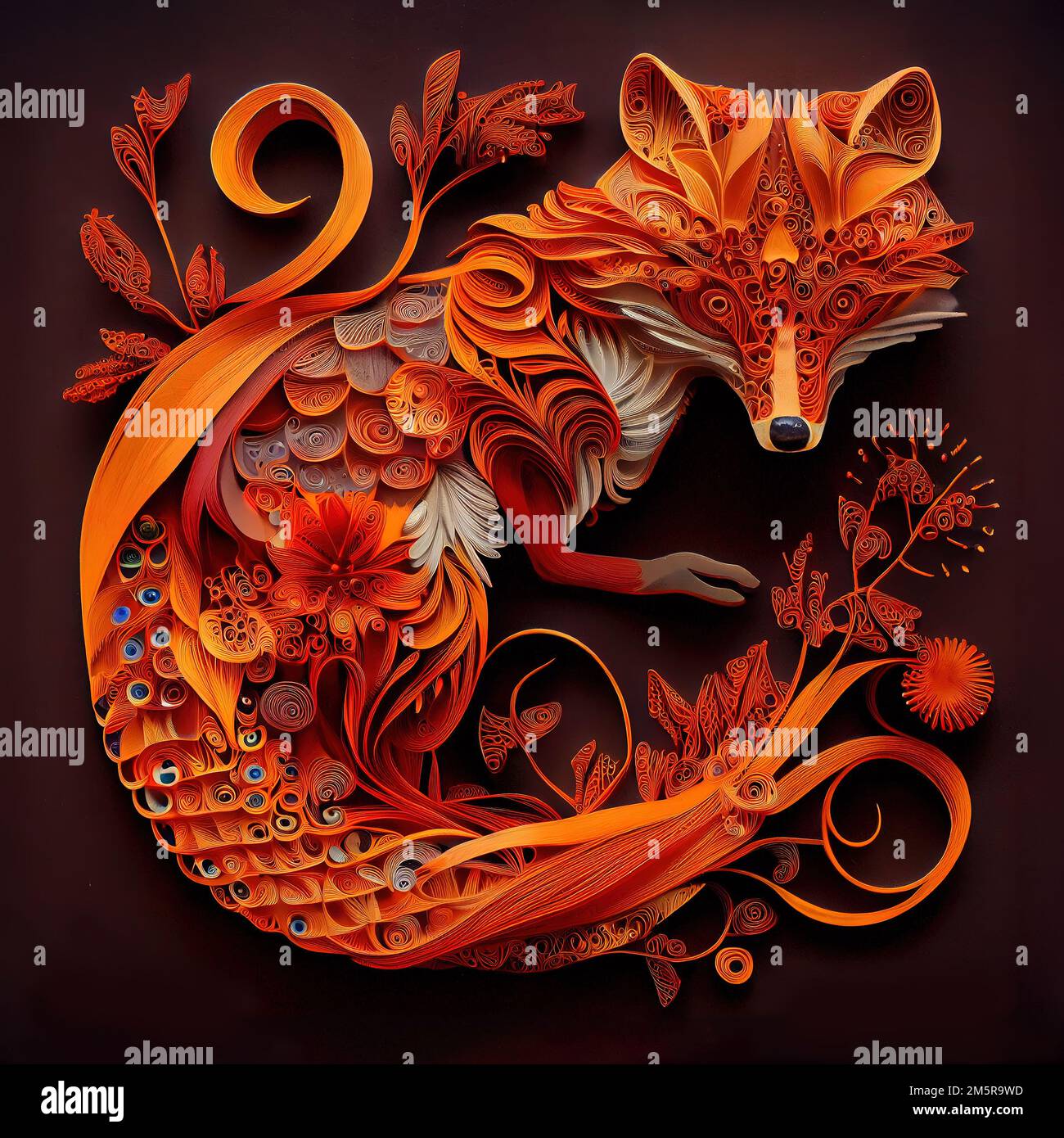 Una volpe che si nasconde in cespugli come l'arte della cimatura della carta Generato digitalmente Foto Stock