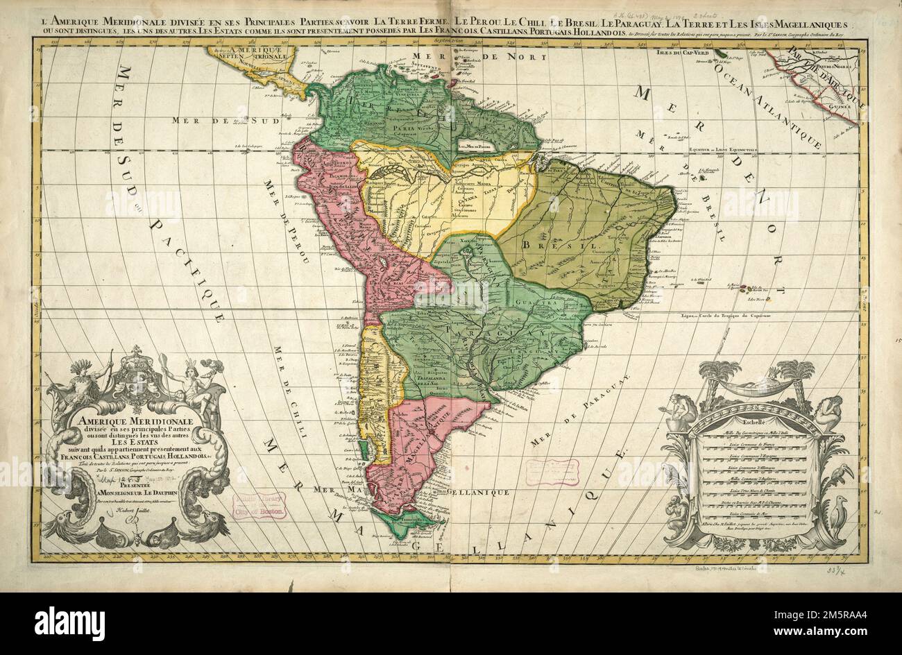 Amerique meridionale divisée en ses principales parties ou font distingués les vns des autres les estats suivant qu'ils appartiennent présentement aux Francois, Castillans, Portugais, Hollandois, &c. Rilievo mostrato in figura. Dedica: 'Presentée a Monseigneur le Dauphin par son tres umile, tres obeissant et tres fidéle serviteur Hubert Jaillot.' Contorni colorati. Come riflesso della cartografia francese della fine del 17th° secolo, questa mappa illustra la geografia politica del Sud America, dividendo il continente nelle sue varie unità amministrative, sottolineando quelle sotto il francese, spagnolo, porto Foto Stock