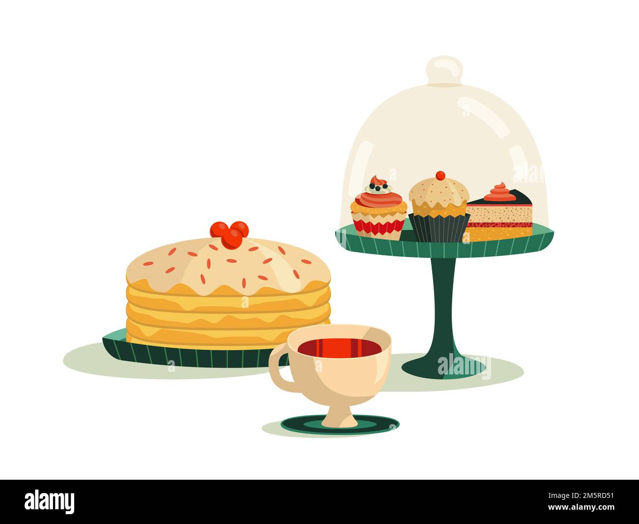Tè con torta e cupcakes elemento di design colorato Illustrazione Vettoriale