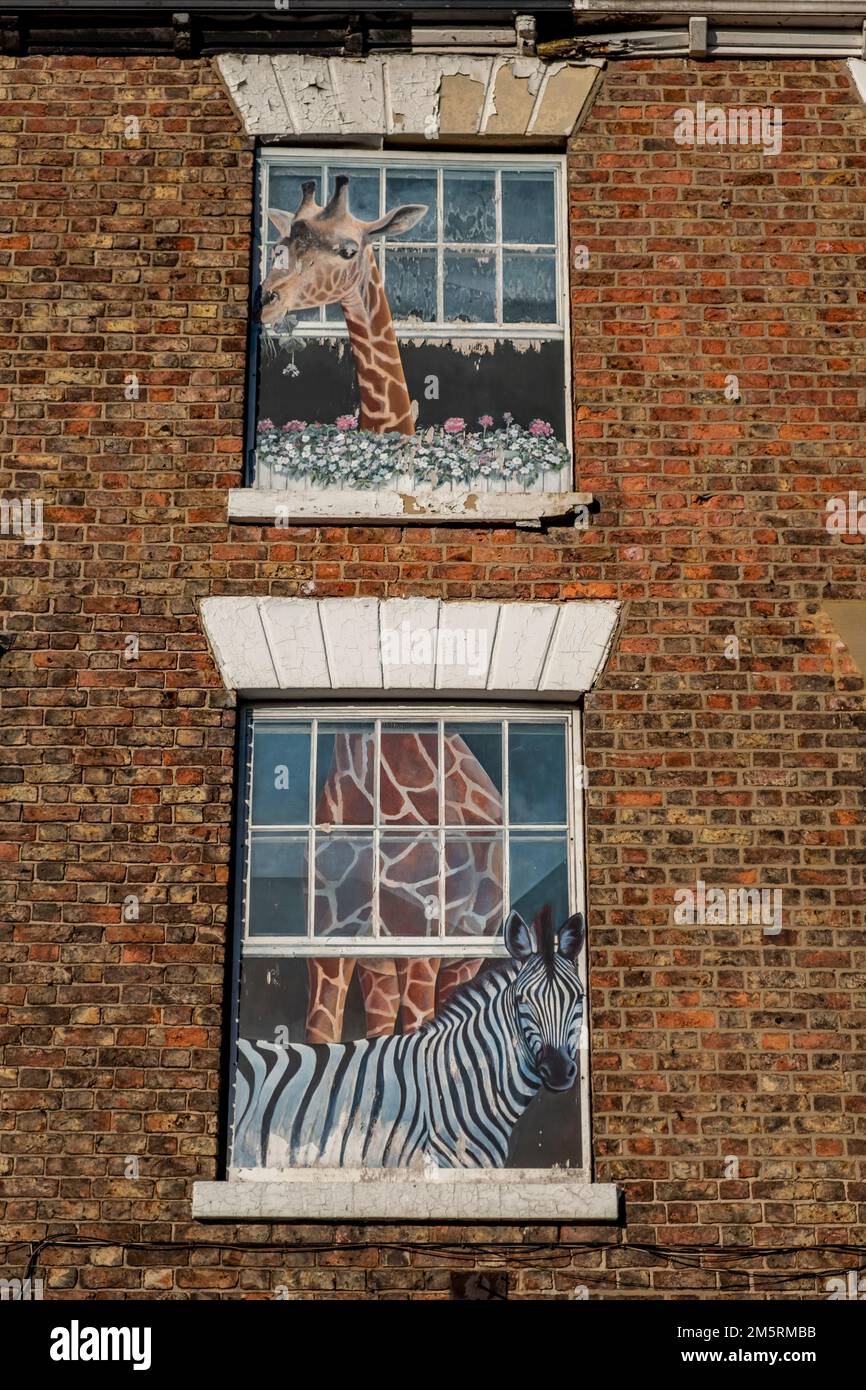 Murales della finestra di Knaresborough, North Yorkshire, Regno Unito. Le finestre sono bloccate a causa della tassa di apertura dal 1696 al 1851 Foto Stock