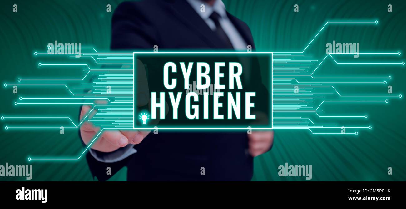 Visualizzazione concettuale Cyber Hygiene. Le aziende mostrano le misure che gli utenti di computer adottano per migliorare la loro sicurezza informatica Foto Stock