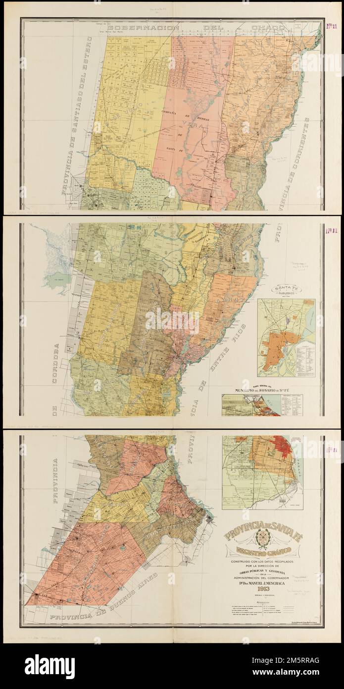 Provincia de Santa Fé registro gráfico : construido con los datos recpilados por la dirección de Obras Públicas y Geodesia en la Administración del Gobernador Dr. Don Manuel J. Mostra le divisioni amministrative e la proprietà della terra. Primo meridiano: [Córdoba?]. Insets: Santa Fé y suburbios -- Plano General del municipio del Rosario de sta. Fé.... , Argentina , Santa Fe , provincia Foto Stock