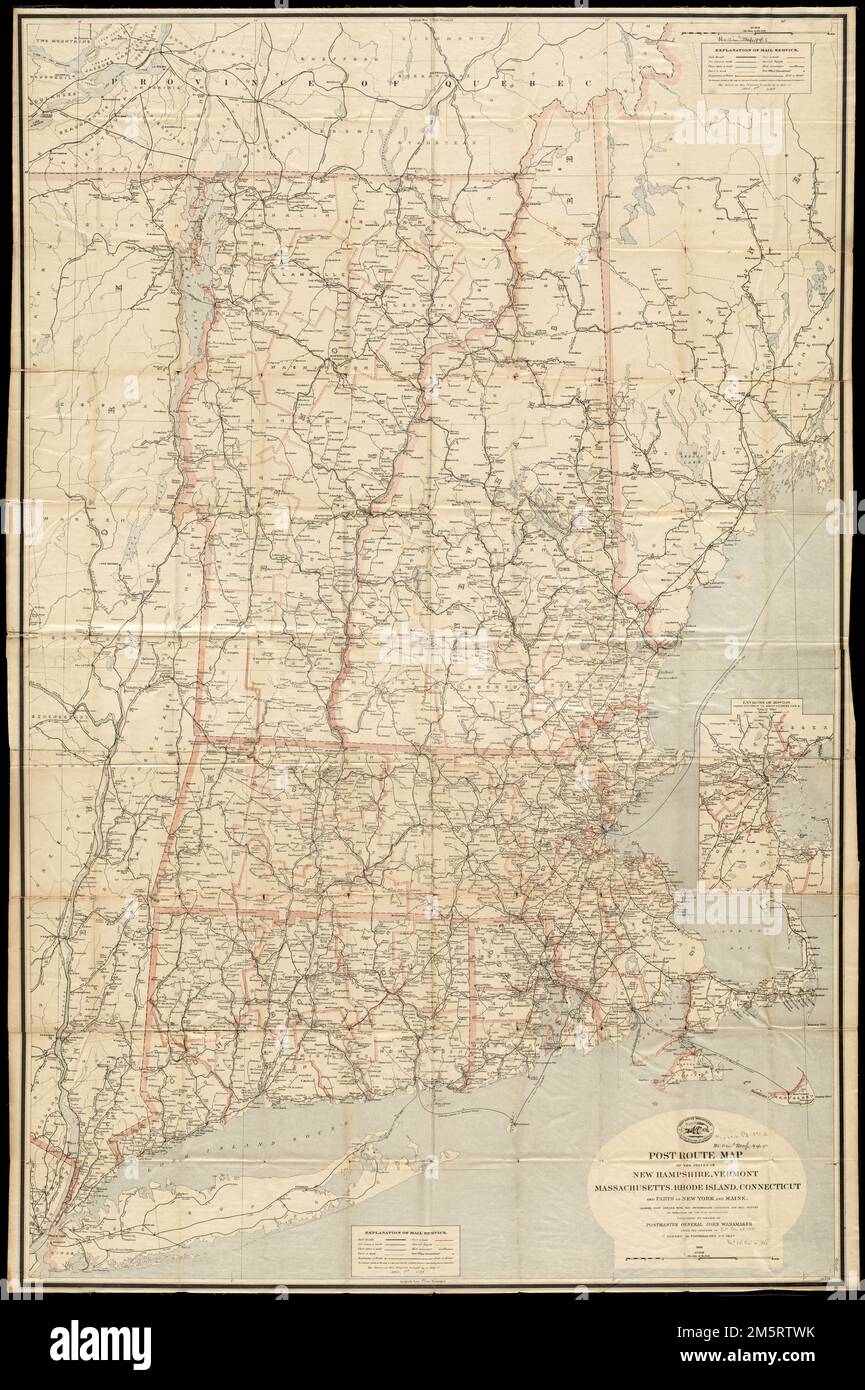 Mappa degli stati del New Hampshire, Vermont, Massachusetts, Rhode Island, Connecticut e parti di New York e Maine : mostra gli uffici postali con le distanze intermedie e le rotte postali in funzione il 1st dicembre 1891. Primi meridiani: Washington, D. C. e Greenwich. Mostra anche contee e ferrovie. Inset: Dintorni di Boston. 'Il servizio su questo diagramma aggiornato a dicembre 1st. 1891.'... , New England, area Foto Stock