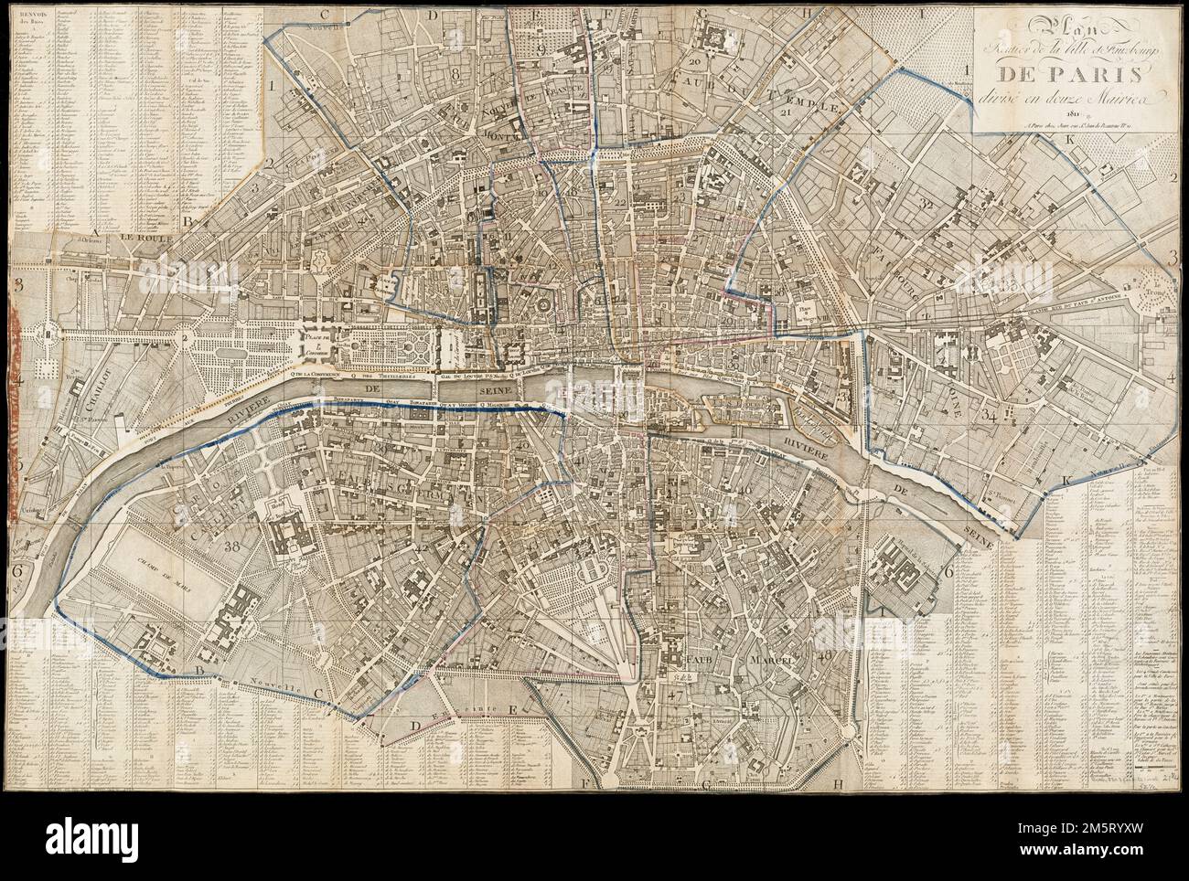 Plan routier de la ville et fauxbourgs de Paris divisé en douze mairiea. Orientato con nord verso l'alto a sinistra. Include l'indice. La conservazione di questo pezzo è stata finanziata da Eric Bischoff in onore di Teresa Wagner... Nouveau plan de Paris. Nouveau plan de Paris, Francia , Île-de-France , regione , Parigi Foto Stock