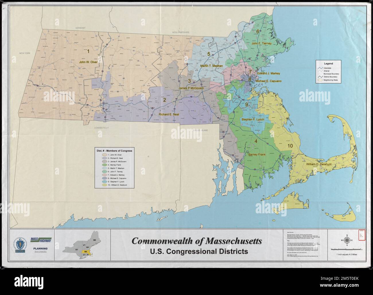 Commonwealth del Massachusetts distretti congressuali degli Stati Uniti. Elenca anche i rappresentanti per ogni distretto. Include la mappa della posizione.... , Massachusetts Foto Stock