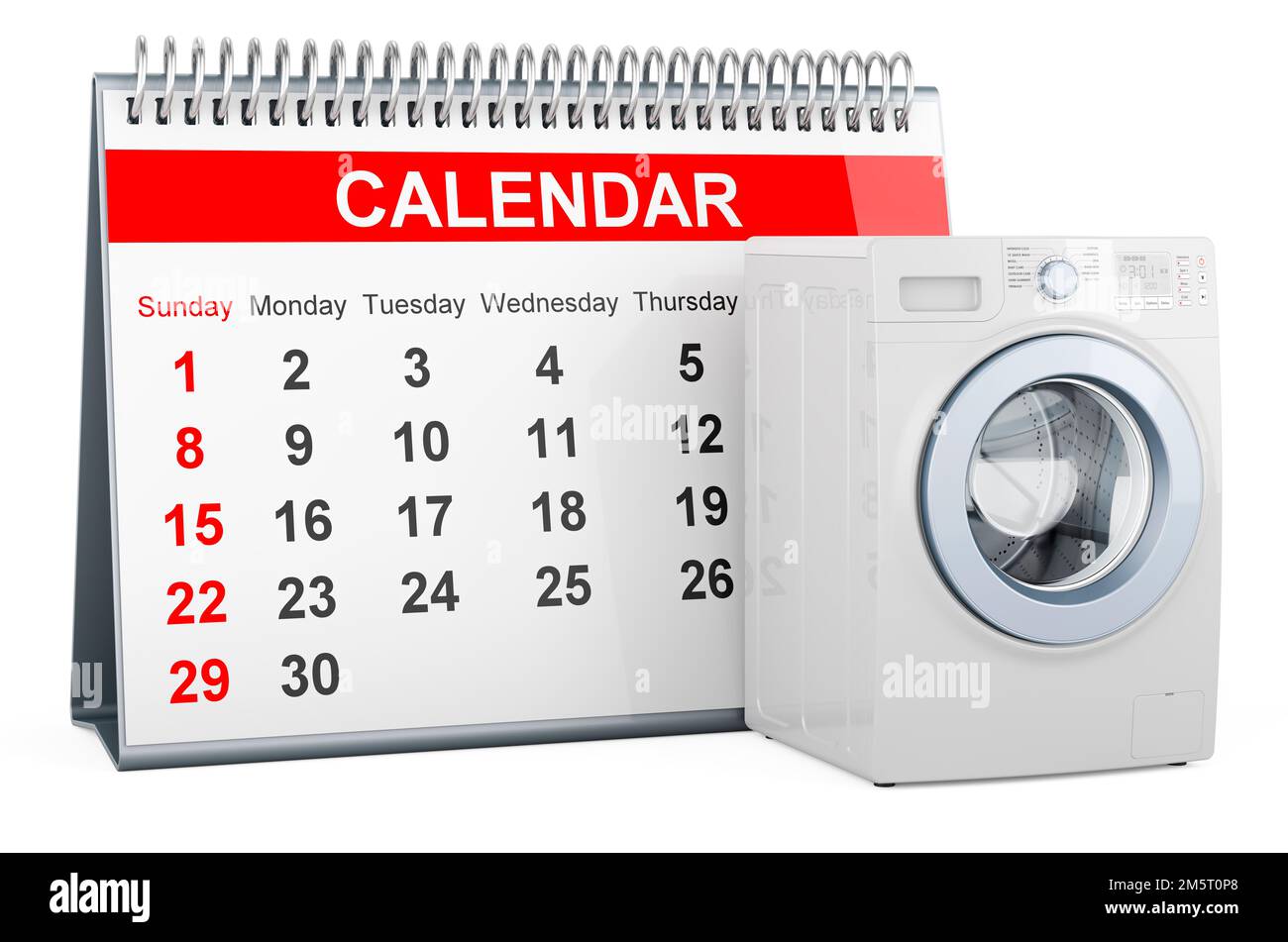 Calendario da tavolo con lavatrice, 3D rendering isolato su sfondo bianco Foto Stock