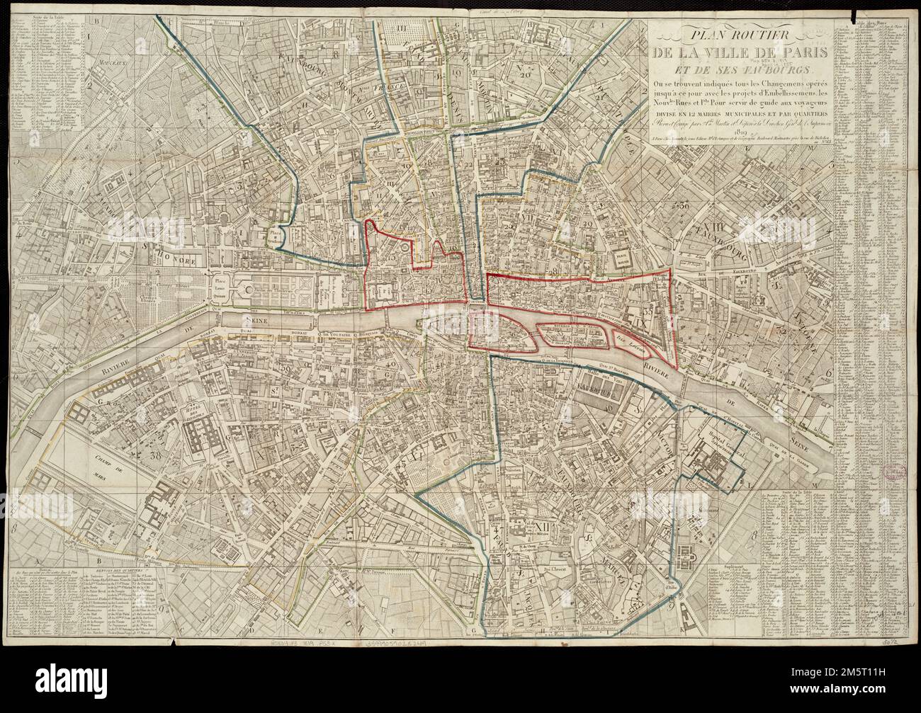 Plan routier de la ville de Paris et de ses faubourgs : ou se trouvent indiqués tous les Changemens opérés jusqu'a ce jour avec les projets d'embellissemens, les nouv. les rues et P.ts pour servir de guide aux voyageurs : divisé en 12 Mairies Municipales et Par Quartiers. Include tabella di strade.... , Francia , Île-de-France , regione , Parigi Foto Stock