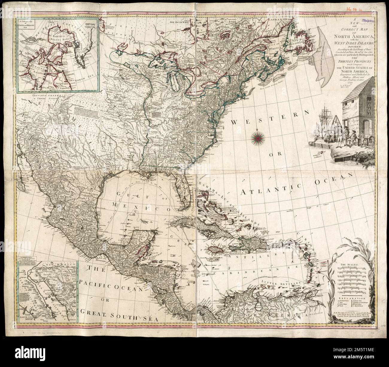 Una nuova e corretta mappa del Nord America, con le Isole dell'India Occidentale : divisa secondo l'ultimo trattato di pace, concluse a Parigi il 20th gennaio 1783, dove si distinguono in particolare le tredici Province che compongono gli Stati Uniti del Nord America. Rilievo mostrato in figura. Colorato a mano. Primo meridiano: Ferro e Londra. « N. B. le lettere e, F, S, D, da, Allegate ai nomi delle isole, con l'indicazione di appartenere all'inglese, al francese, allo spagnolo, all'olandese, al danese, &c.' Insets: Una mappa particolare di Baffin e Hudson's Bay -- il passaggio per terra in California Discover'd Foto Stock