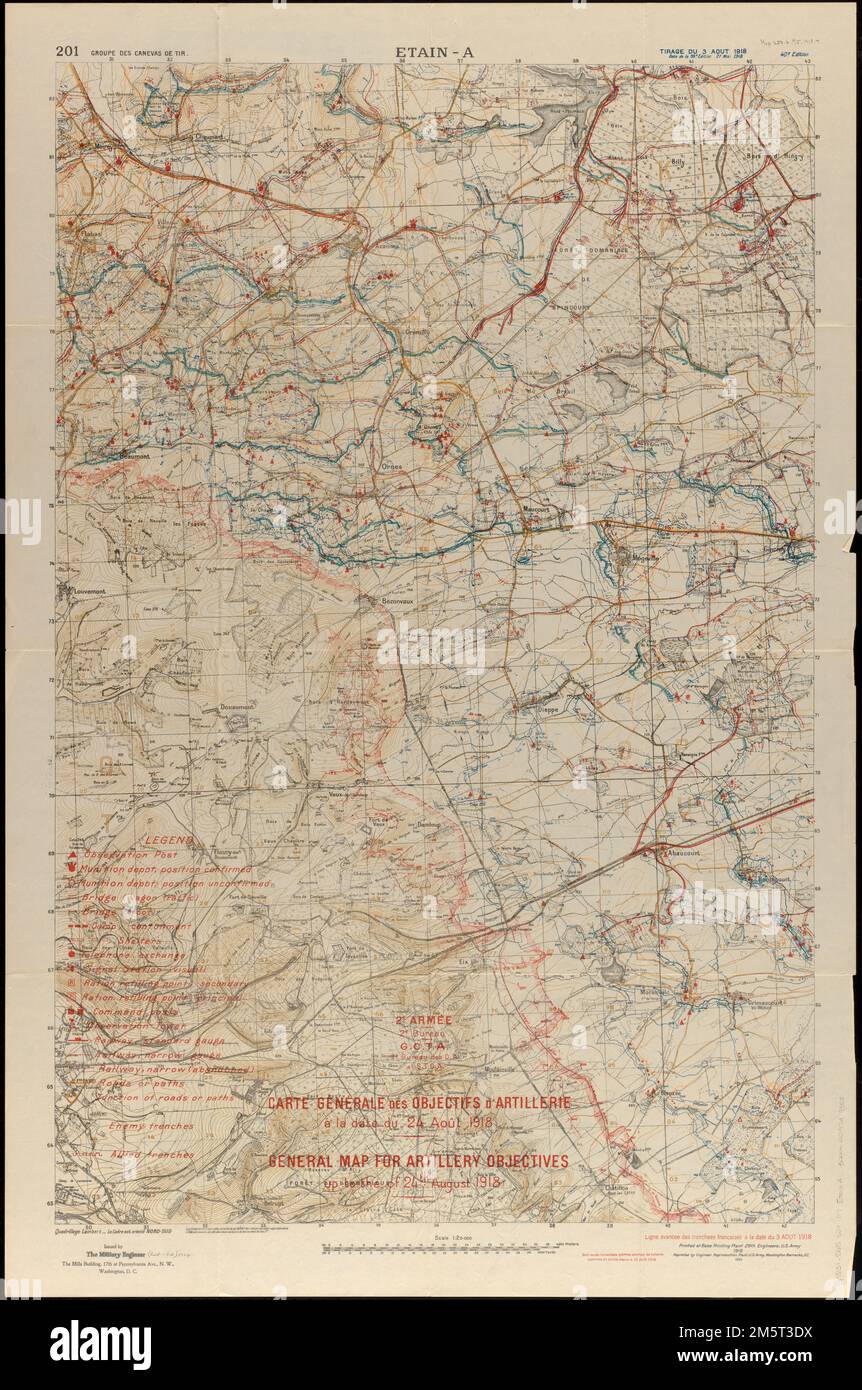 Carte générale des objectifs d'artillerie a la date du 24 Août 1918 = Mappa generale degli obiettivi dell'artiglieria fino al 24th agosto 1918. Rilievo mostrato dai contorni e dalle altezze dei punti. «201 Groupe des Canevas dé tir.» «Tirage du 3 Aout 1918. Data della 39e edizione: 21 maggio 1918.» « Ligne avancee des tranchees francaises a la date du 3 Aout 1918 ». «Sont seules numerotees (chiffres penches) les batteries appercues en activite depuis le 15 Juin 1918.». Mappa generale degli obiettivi dell'artiglieria fino al 24th agosto 1918 Etain - A. Mappa generale degli obiettivi dell'artiglieria fino al 24th agosto 1918 et Foto Stock