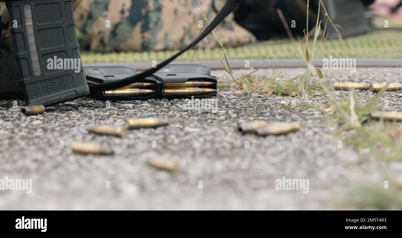 Round di 5,56mm round si sono piazzati sul terreno durante il Marine Corps Marksmanship Competition far East su Camp Hansen, Okinawa, Giappone, 14 dicembre 2022. MCMCFE è stato un concorso di due settimane aperto a Marines e al personale Navale per migliorare la competenza nel campo del marketing di combattimento attraverso una formazione intensiva. I partecipanti sono stati istruiti dai membri del Marine Corps Shooting Team per competere per le medaglie individuali e i premi di squadra. (STATI UNITI Corpo marino foto di Lance CPL. Jonathan Beauchamp) Foto Stock