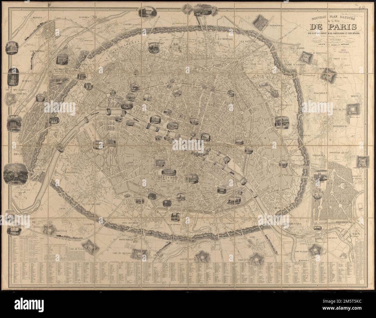 Nouveau plan illustré de la ville de Paris avec le sistème complet de ses fortifications et forts détachés, et des communes de la banlieue. Include illustrazioni dei luoghi. Include statistiche comuni, elenco delle distanze, note e indici.... , Francia , Île-de-France , regione , Parigi Foto Stock