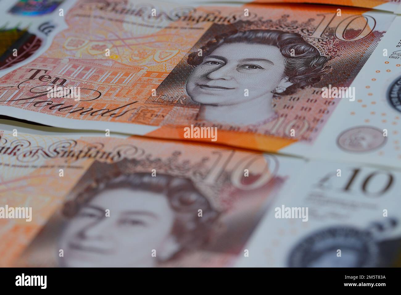 Banconote British Polymer £10 emesse dalla Banca d'Inghilterra Foto Stock