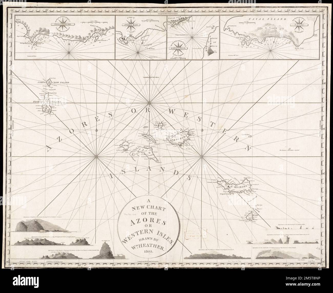 Una nuova carta delle Azzorre o delle isole occidentali. Rilievo mostrato in figura. In una raccolta di carte di William Heather. Insets: Villa Franche -- Angra Bay -- Fayal, [di William Heather] -- Fayal & Pico, di Cha[rle]s Chapman -- profili costieri. Catalogazione, conservazione e digitalizzazione rese possibile in parte dall'Endowment Nazionale per le Scienze umanistiche: Esplorare lo sforzo umano.... , Portogallo , Azzorre , regione Foto Stock