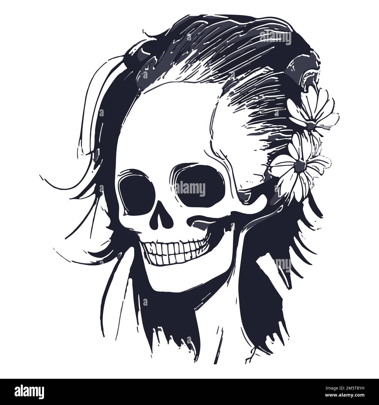 tatuaggio cranio femminile disegni vettore disegnato a mano nero e bianco clip art Illustrazione Vettoriale