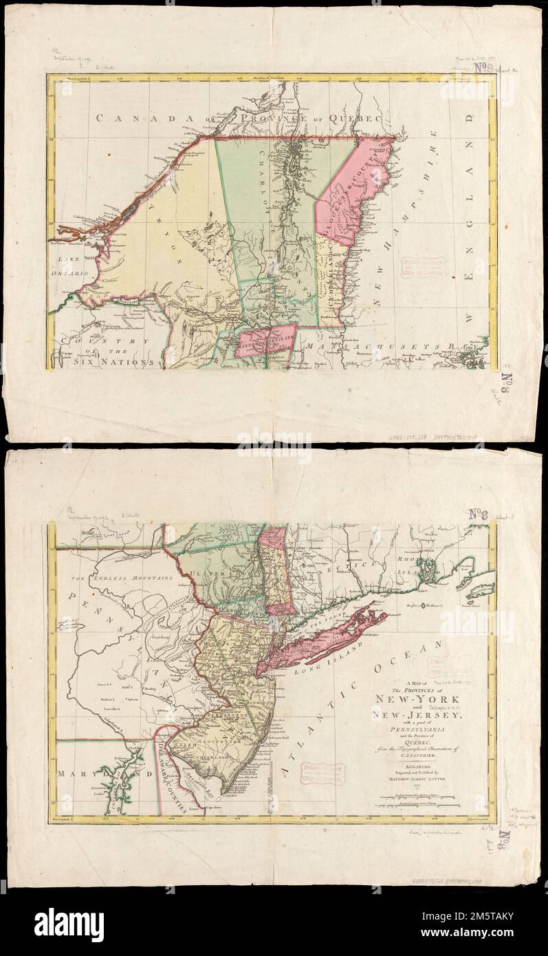 Una mappa delle province di New York e New Jersey, con una parte della Pennsylvania e la Provincia del Quebec. Primo meridiano: New York. Rilievo mostrato in figura. Mostra divisioni amministrative a New York e New Jersey.... , New York New Jersey Foto Stock