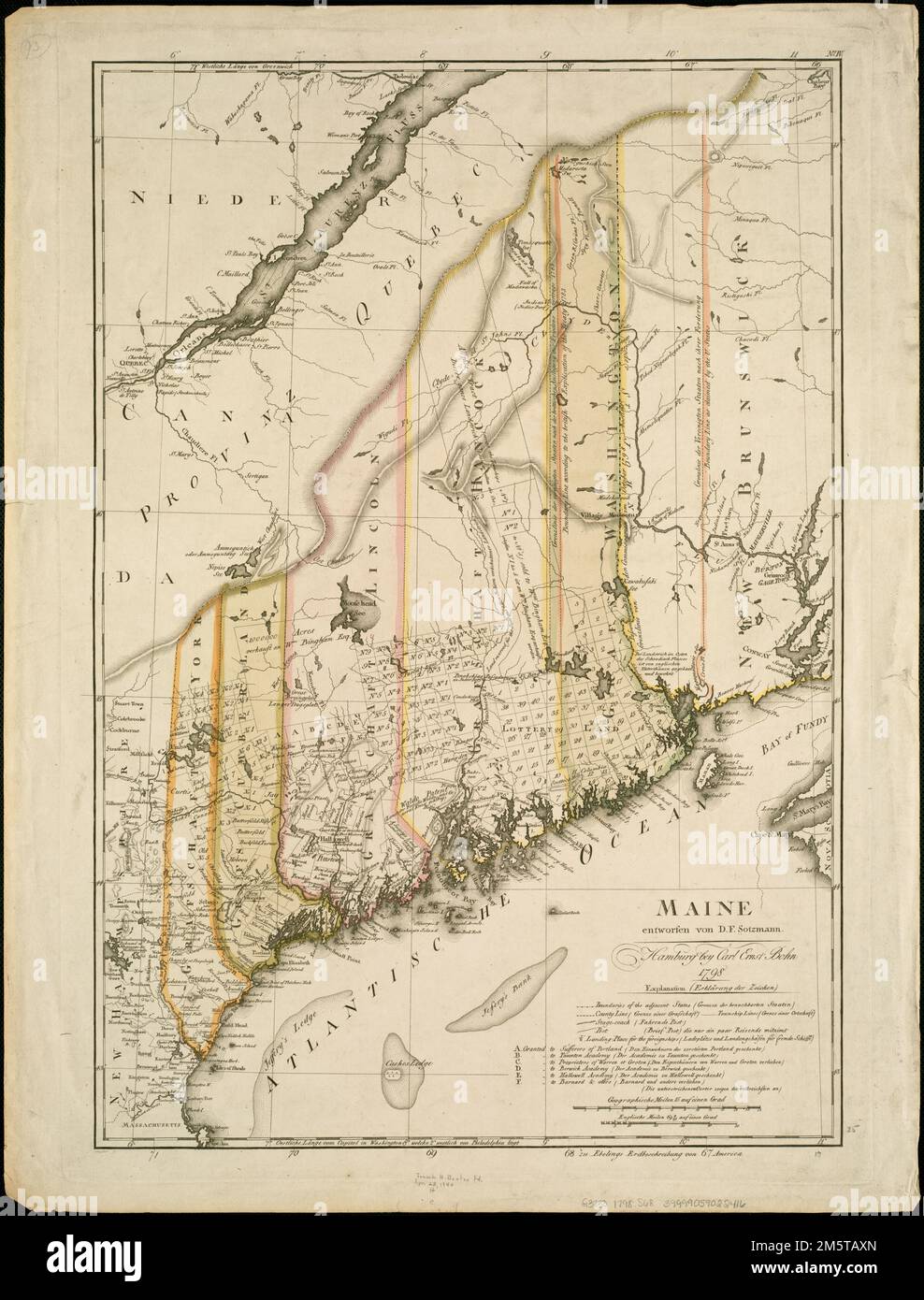 Maine. Rilievo mostrato da hachures. Inciso da: Levigatrice. Sopra la linea ordinata a destra: No IV. Sotto linea ordinata a destra: Zu Ebelings Erdbeschreibung von Amerika. Da atlas che accompagna Ebeling, C.D. Erdbeschreibung und Geschicte von Amerika.... , Maine Foto Stock