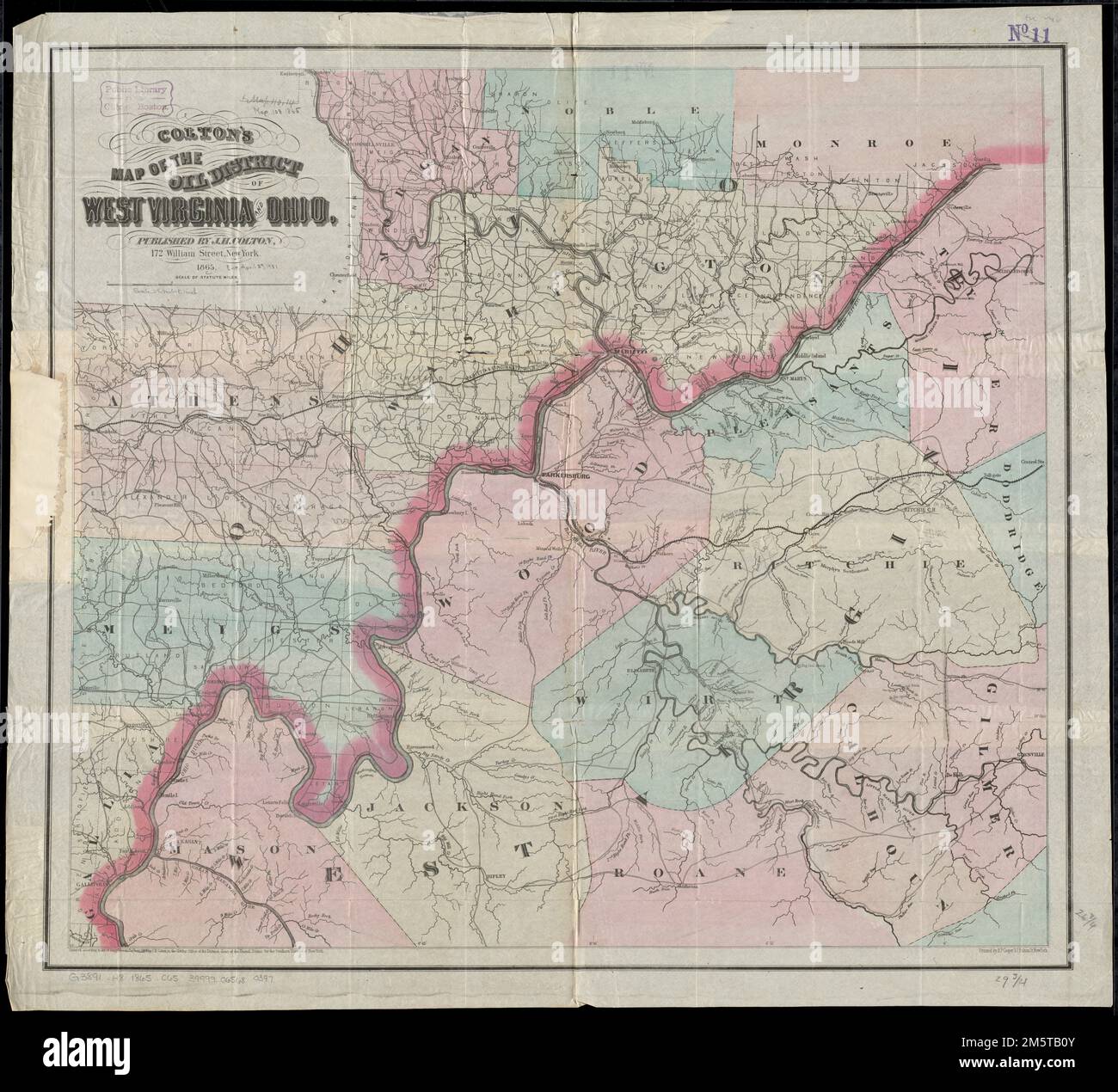 Mappa di Colton del distretto petrolifero della Virginia Occidentale e dell'Ohio. Copre il nord-ovest della Virginia e il sud-est dell'Ohio, mostrando pozzi di petrolio e sorgenti di gas. Primo meridiano: Washington D.C.... , Ohio West Virginia Foto Stock