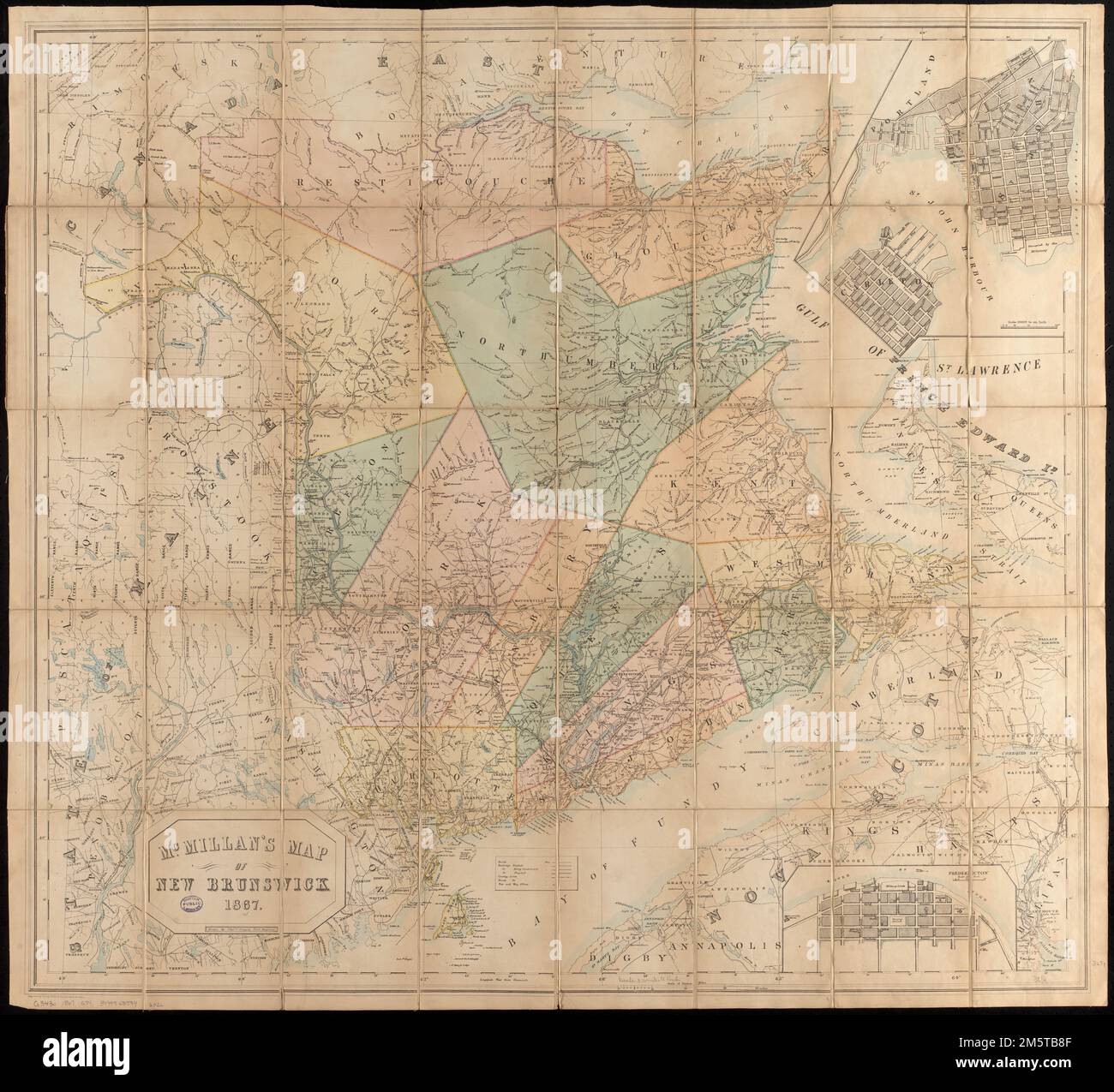 Mappa di McMillan di New Brunswick, 1867. Rilievo mostrato da hachures. "Inciso da George Philip & Son, Liverpool & London." Mappa colorata della provincia divisa in contee. Sezionato, affisso a lino, e piegato in brune tavole dell'editore timbrato: McMillan mappa di New Brunswick. Inset: St. John -- Fredericton.... , Canada , Provincia di New Brunswick , Provincia di Fredericton Canada , Provincia di New Brunswick , Provincia di San Giovanni Foto Stock