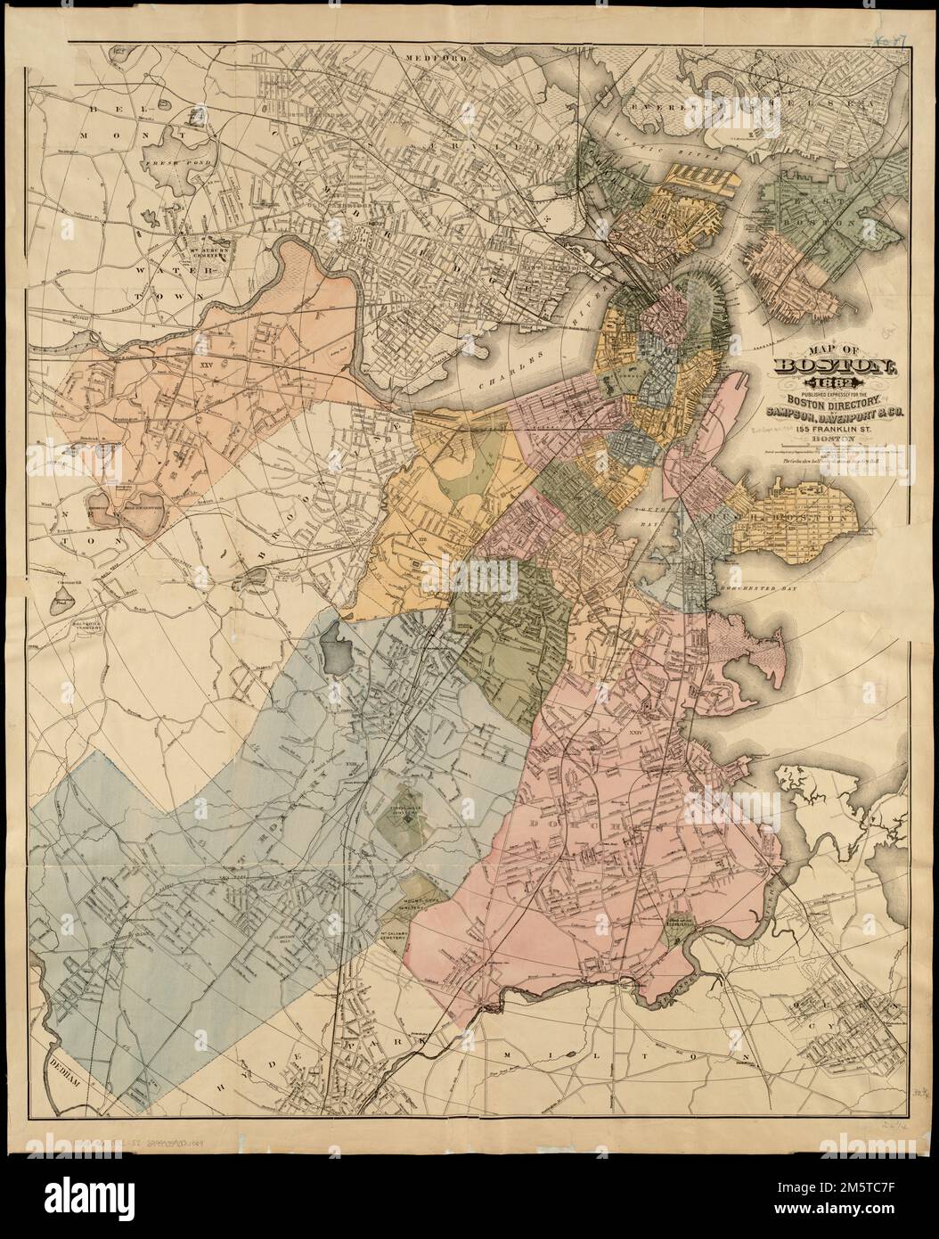 Mappa di Boston, per 1882. Pubblicato espressamente per il Boston Directory. "Forbes Co., Boston". "I cerchi mostrano distanze di mezzo miglio dal municipio." «Iscritto secondo atto di Congresso nell'anno 1881 ... ' Distanza dal Municipio mostrata da cerchi concentrici a intervalli di mezzo miglio.... , Massachusetts , Suffolk , contea , Boston Foto Stock