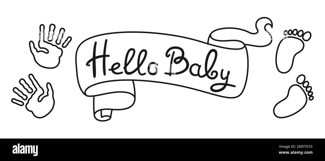 Ciao nastro bambino con impronta piede e mano. Carino banner lineare neonato modello compleanno. Cornice o scheda per la festa di invito dell'acquazzone del bambino. Elementi di design per poster, copertina, album per bambini Illustrazione Vettoriale