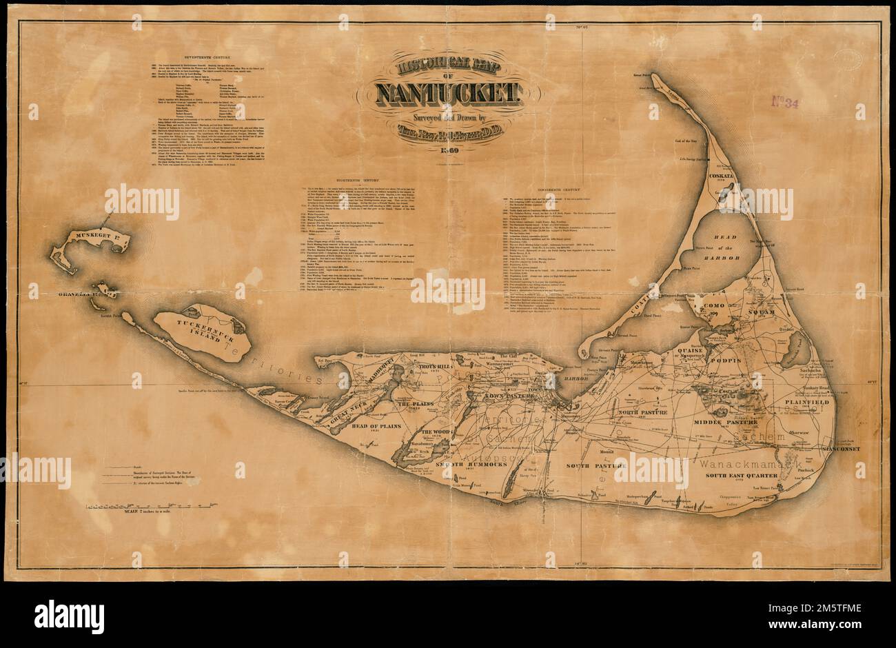 Mappa storica di Nantucket. Rilievo mostrato da hachures. Include testi storici.... , Massachusetts , Nantucket , contea , Nantucket Island , isola , Nantucket Foto Stock