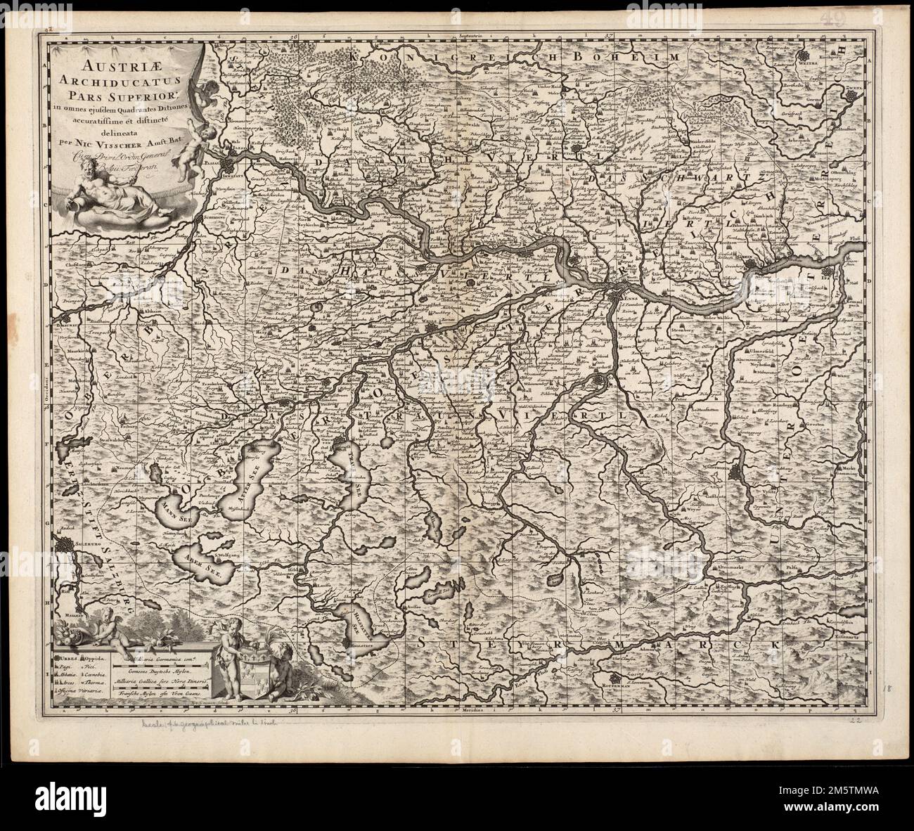 Austriae archiducatus pars superior in omnes ejusdem quadrantes ditiones preciatissime et distinte delineata. Mappa della parte alta dello storico Arciduchy d'Austria. Rilievo mostrato in figura. G.V. Gouwen sc. Catalogazione, conservazione e digitalizzazione rese possibile in parte dal National Endowment for the Humanities: Exploring the Human Endeavor. Parte del portafoglio composito atlas con il titolo "raccolta di vecchie mappe".. Raccolta di vecchie mappe. Raccolta di vecchie mappe, Austria Foto Stock