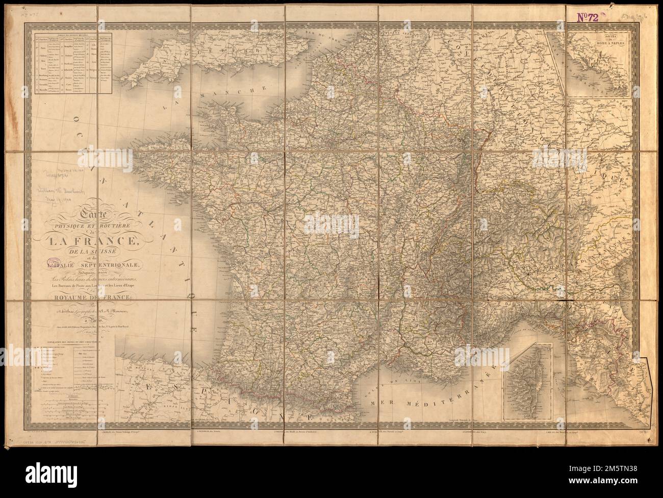 Carte physique et routière de la France, de la Suisse, et de l'Italie settentrionale, indiquant aussi les relais, leurs distanze intermédiaires, les bureaux de poste aux lettres, et les lieux d'étape du Royaume de France. Rilievo mostrato da hachures. Include l'indice delle divisioni militaires e Insets: Corse e rotte di Roma a Napoli.... , Francia Svizzera Italia Foto Stock