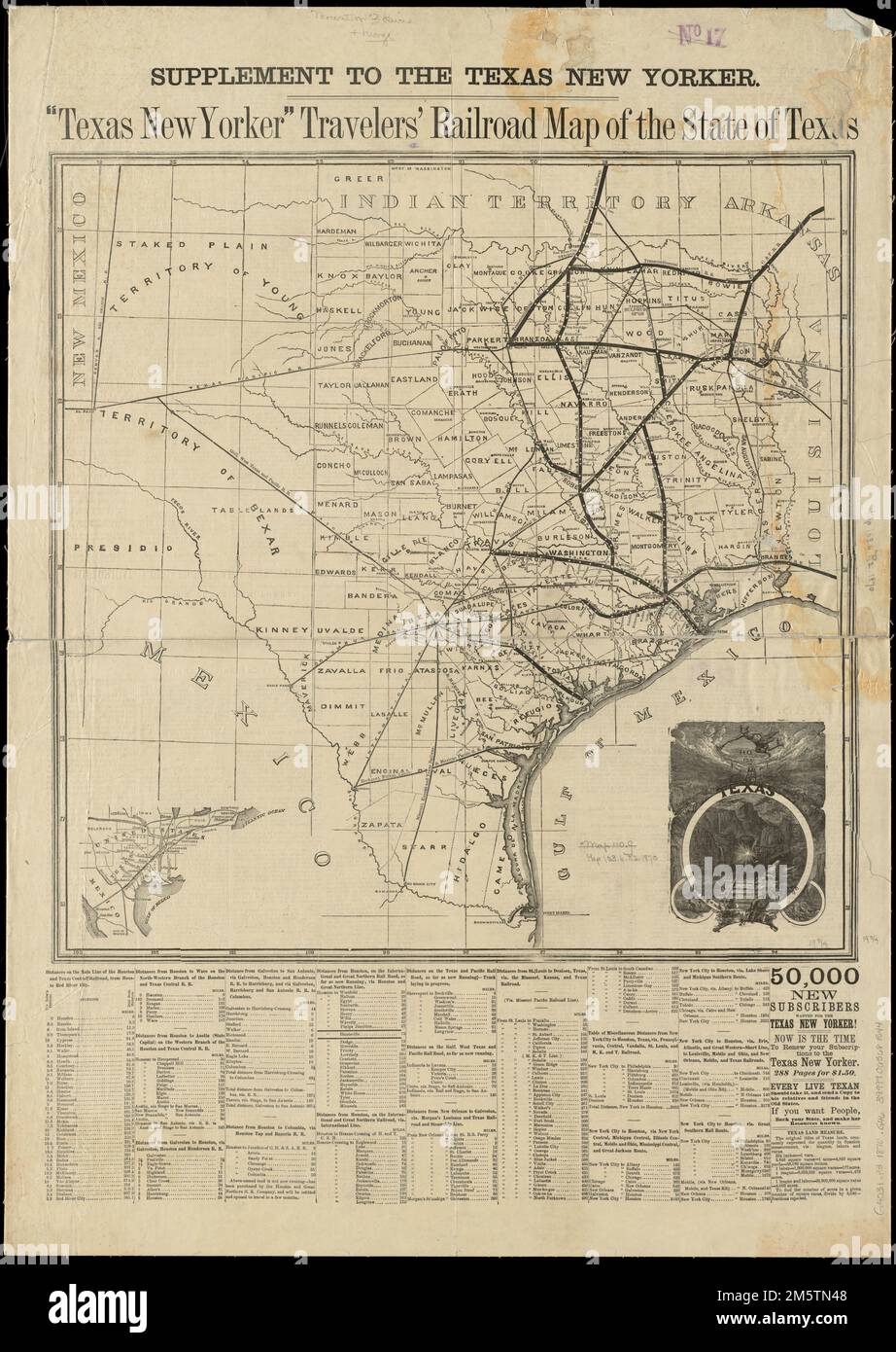 Texas New Yorker Travelers' mappa ferroviaria dello Stato del Texas. Mostra le ferrovie, le contee e i posti della contea nel Texas meridionale, centrale e orientale. Include il malato. e statistiche. Inset: [Mappa posizione]. A capo titolo: 'Supplemento al Texas New Yorker.' Primi meridiani: Washington e Greenwich. Testo e statistiche sul verso, pagg. 227, 228, 230, 231. Montato su un panno. Verso coperto di stoffa. Data dal testo in verso. Contee stabilite nel 1870 non mostrato... Mappa ferroviaria dello Stato del Texas. Mappa ferroviaria dei viaggiatori della mappa ferroviaria dello Stato del Texas di Foto Stock